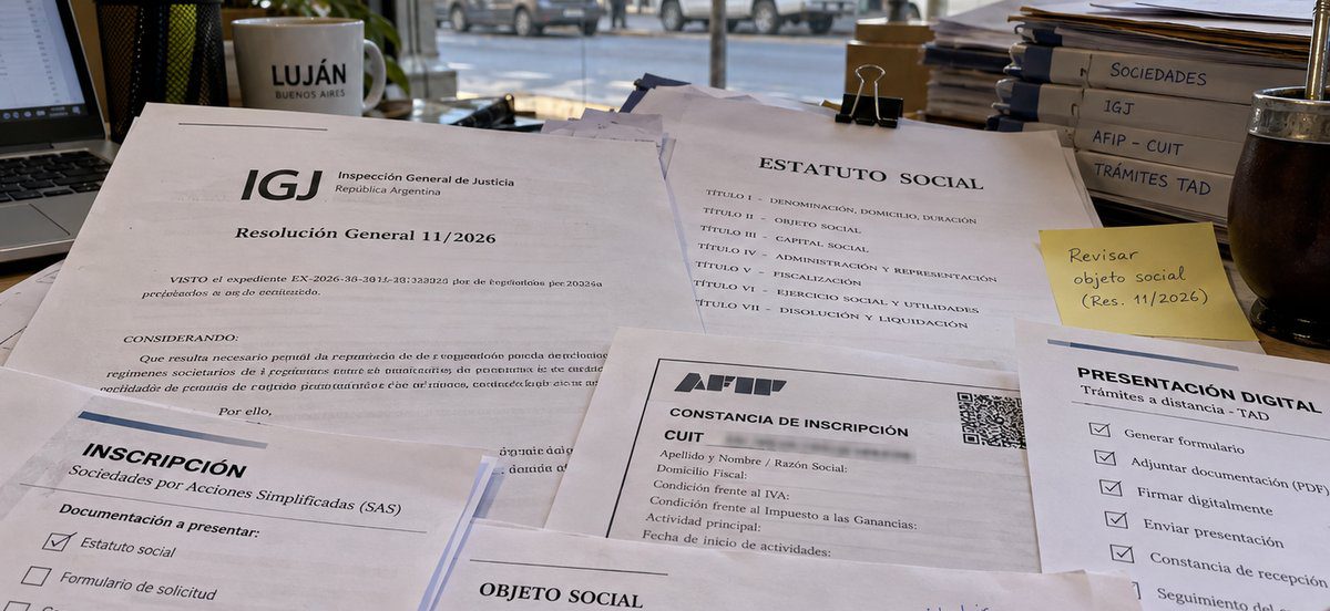 igj-resolucion-11-2026-documentacion-sociedad Escritorio con la Resolución General 11/2026 de la IGJ, estatuto social y documentación para constituir una sociedad
